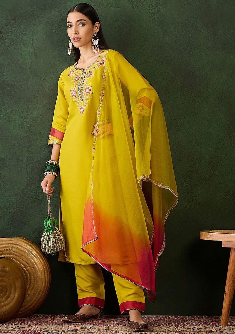 Yellow Embroidered Blended Kurta Set - Indya