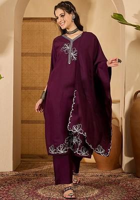 Purple Embroidered Blended Kurta Set