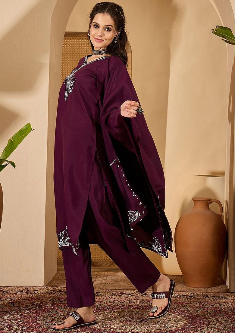 Purple Embroidered Blended Kurta Set - Indya