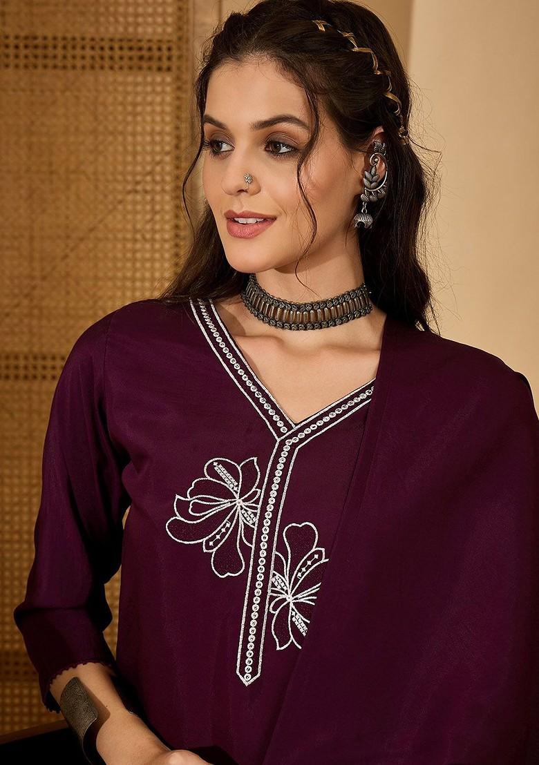 Purple Embroidered Blended Kurta Set - Indya