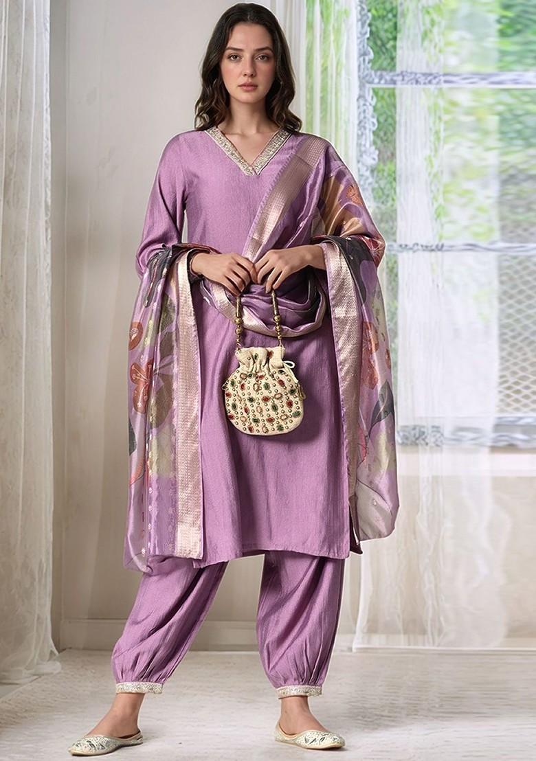 Purple Solid Blended Kurta Set - Indya