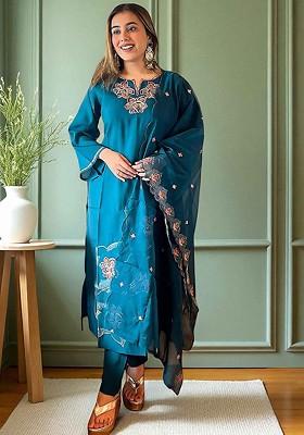 Teal Embroidered Blended Kurta Set