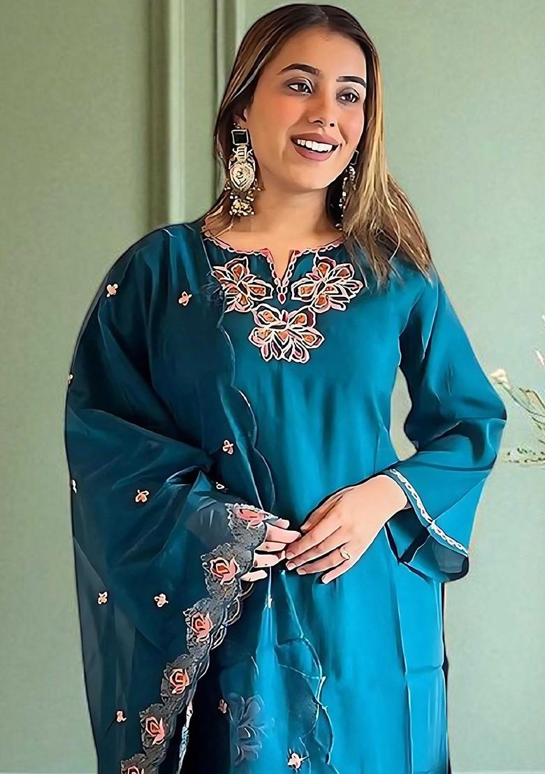 Teal Embroidered Blended Kurta Set - Indya