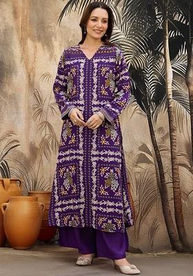 Purple Printed Blended Kurta Set