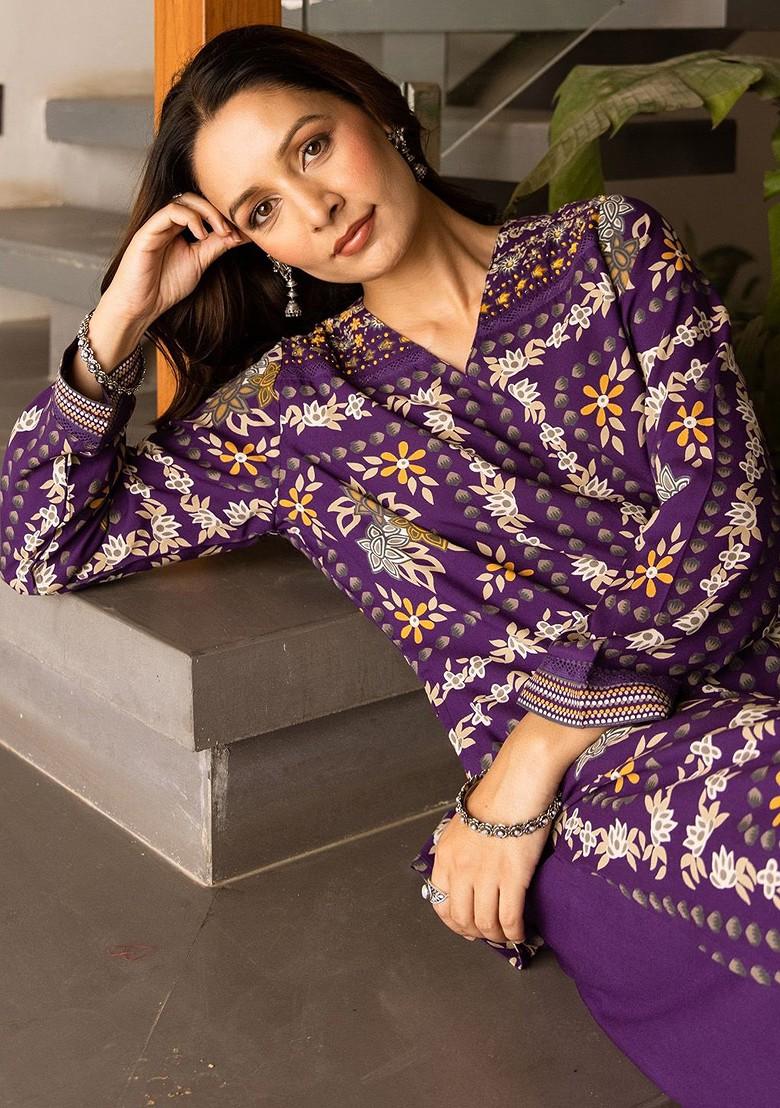 Purple Printed Blended Kurta Set - Indya