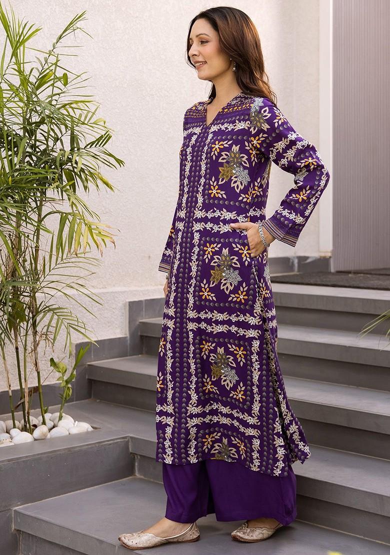 Purple Printed Blended Kurta Set - Indya