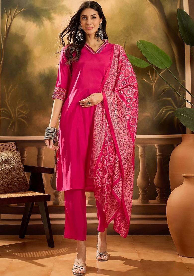 Pink Solid Blended Kurta Set - Indya