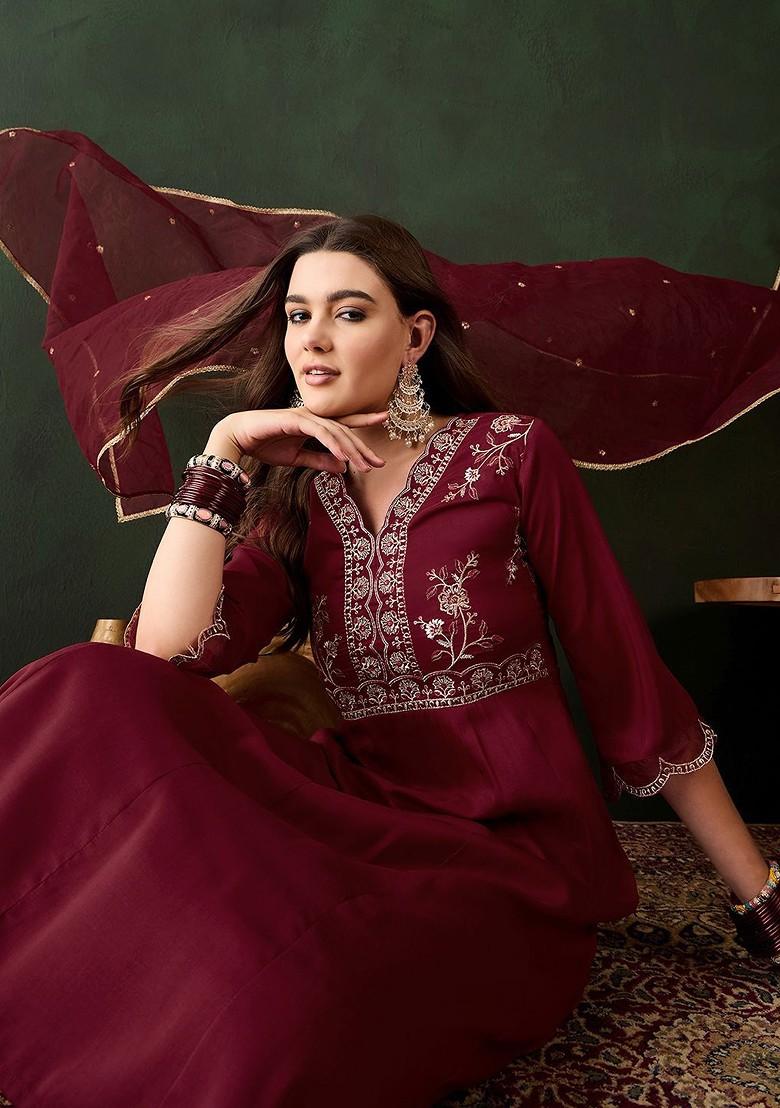 Maroon Sequinned Blended Kurta Set - Indya