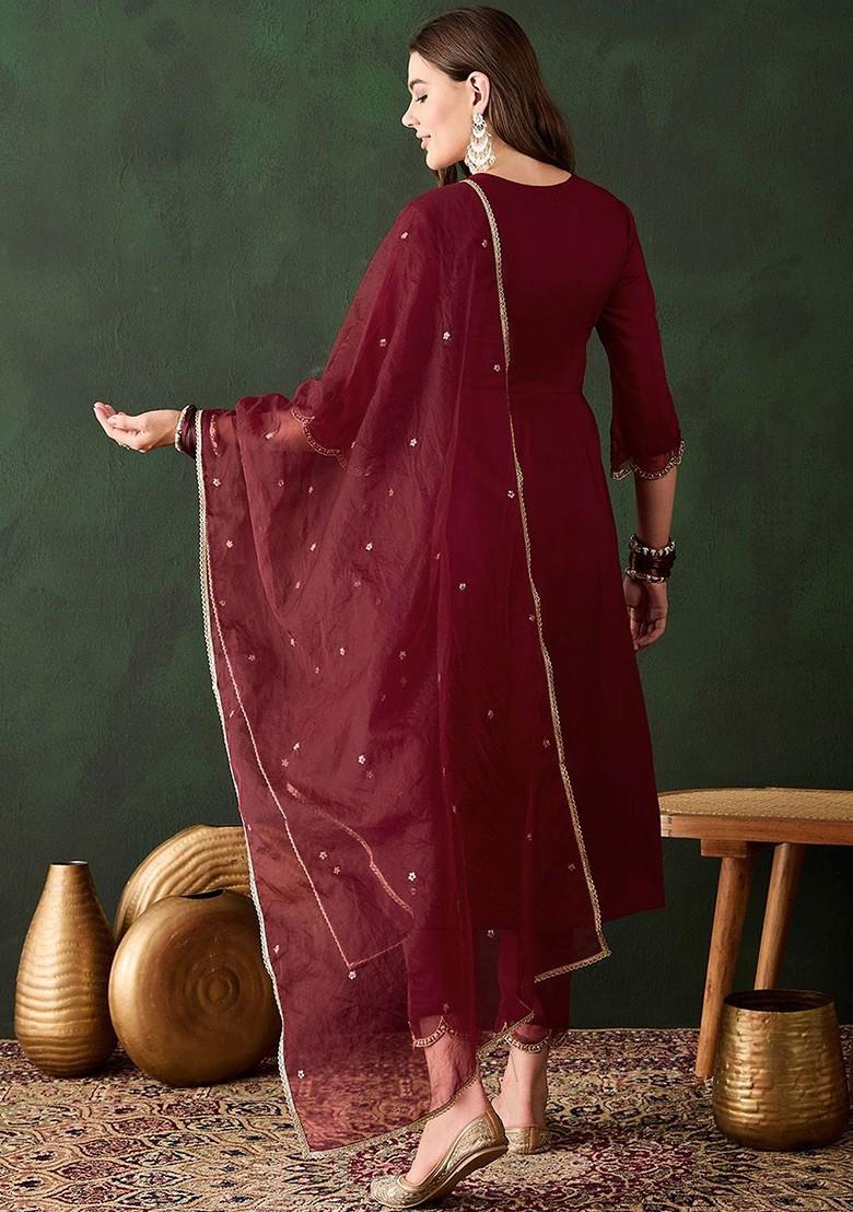 Maroon Sequinned Blended Kurta Set - Indya