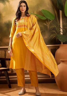 Mustard Embroidered Blended Kurta Set