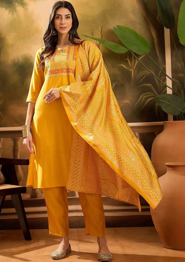 Mustard Embroidered Blended Kurta Set - Indya