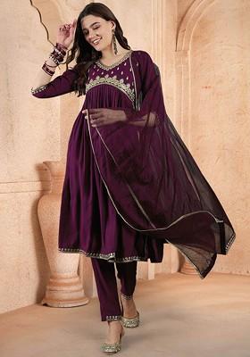 Purple Embroidered Blended Kurta Set