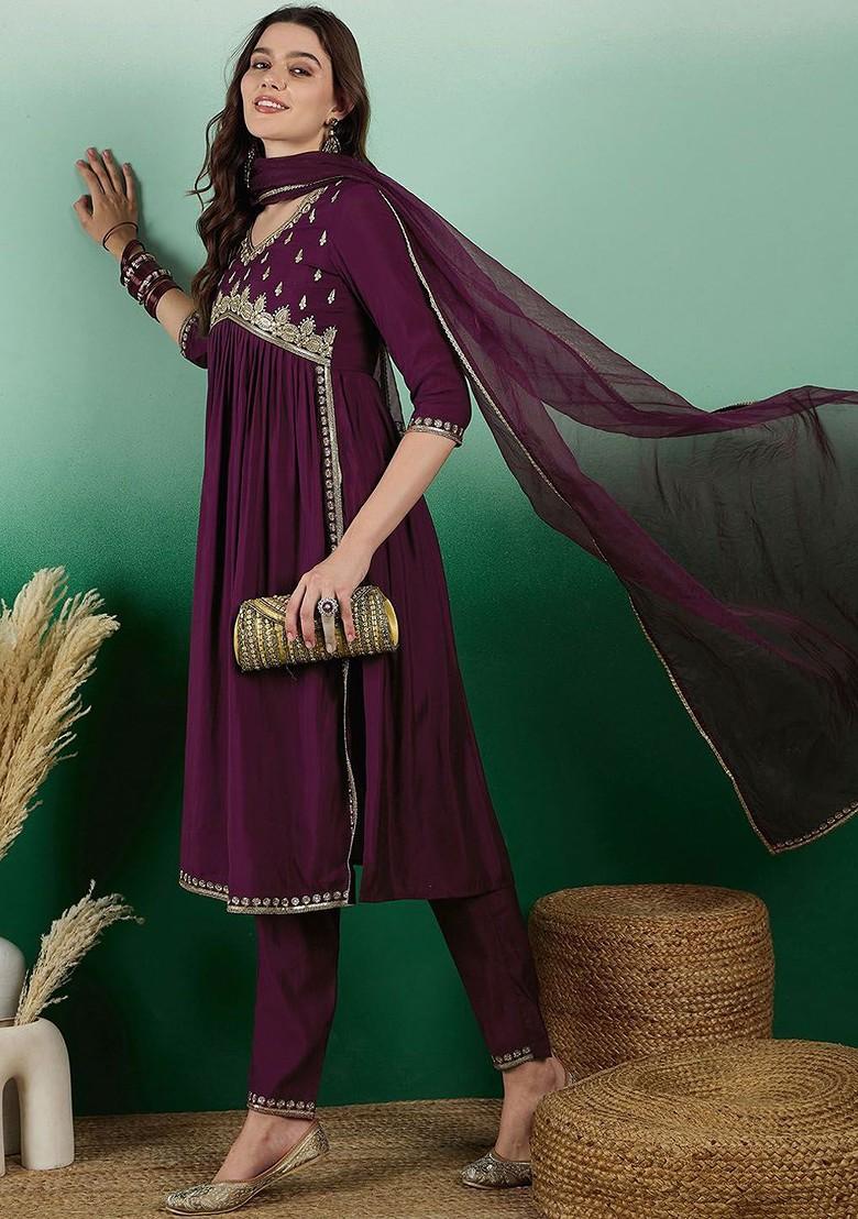 Purple Embroidered Blended Kurta Set - Indya