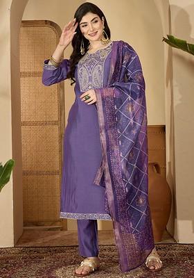 Lavender Embroidered Blended Kurta Set