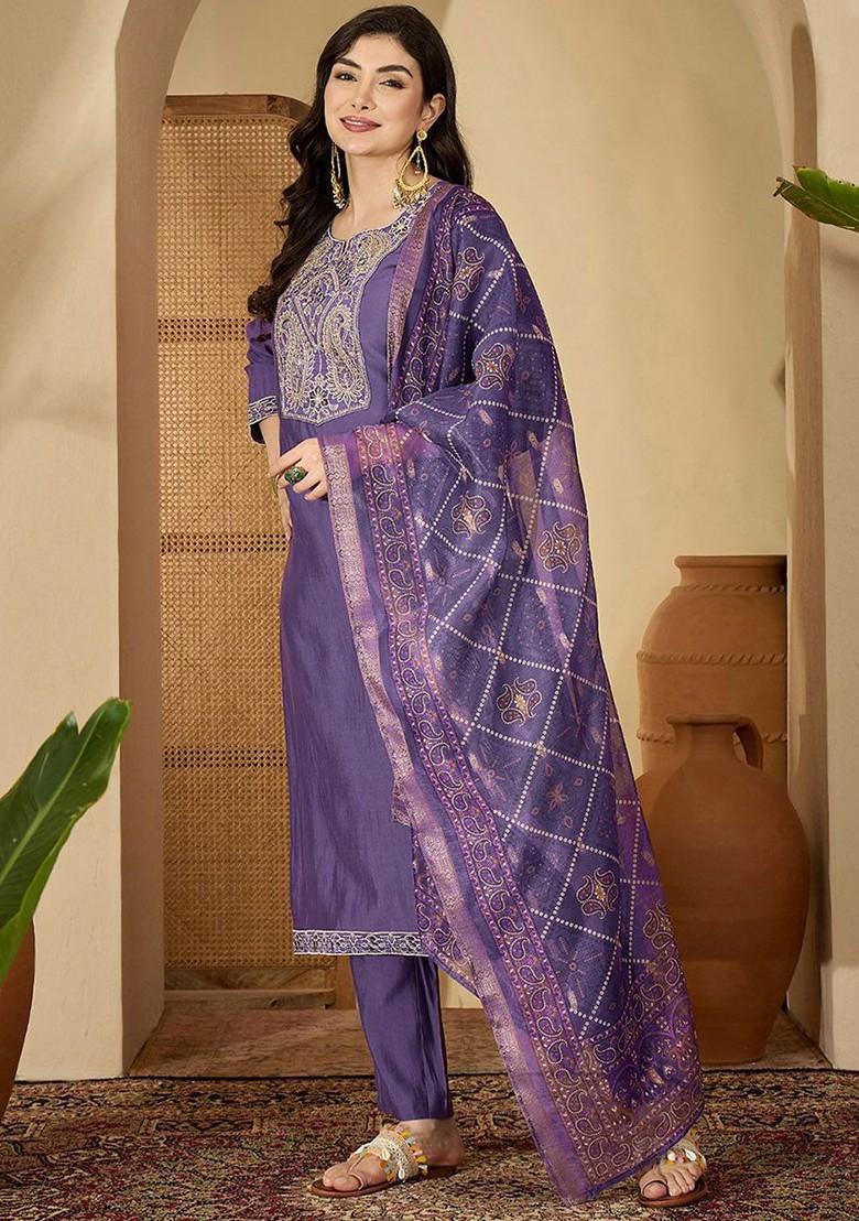 Lavender Embroidered Blended Kurta Set - Indya