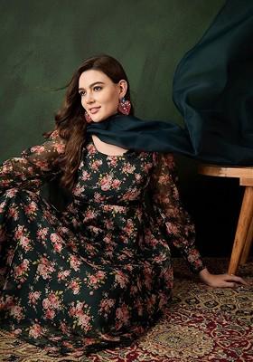 Green Printed Blended Kurta Set