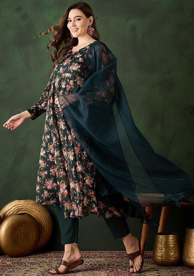 Green Printed Blended Kurta Set - Indya