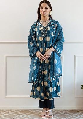 Turquoise Blue Printed Blended Kurta Set
