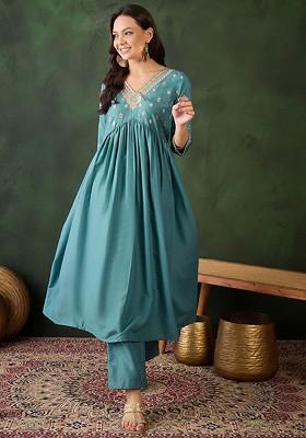 Teal Embroidered Blended Kurta Set