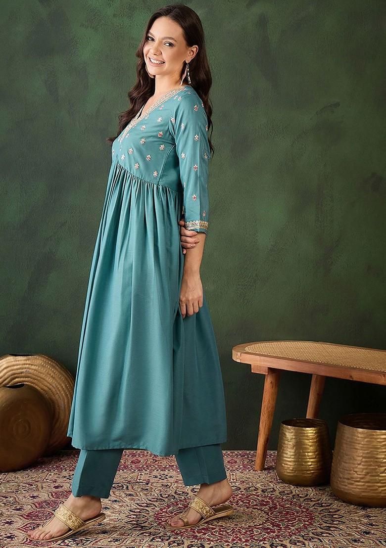 Teal Embroidered Blended Kurta Set - Indya