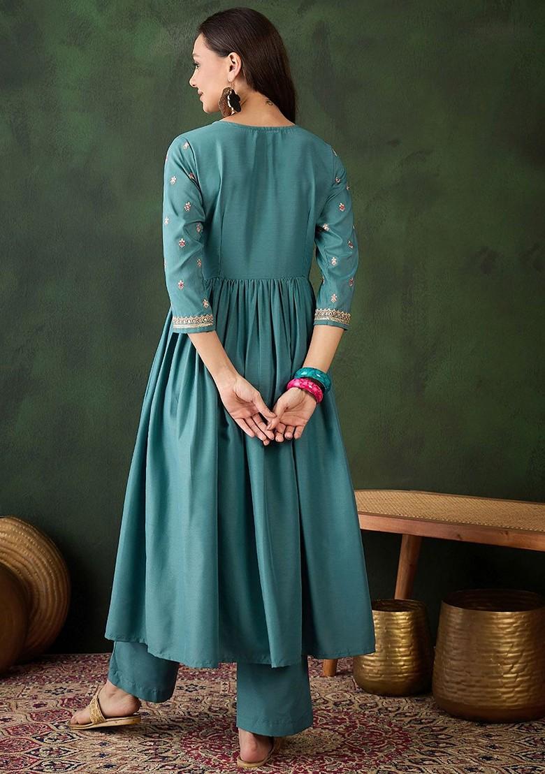 Teal Embroidered Blended Kurta Set - Indya