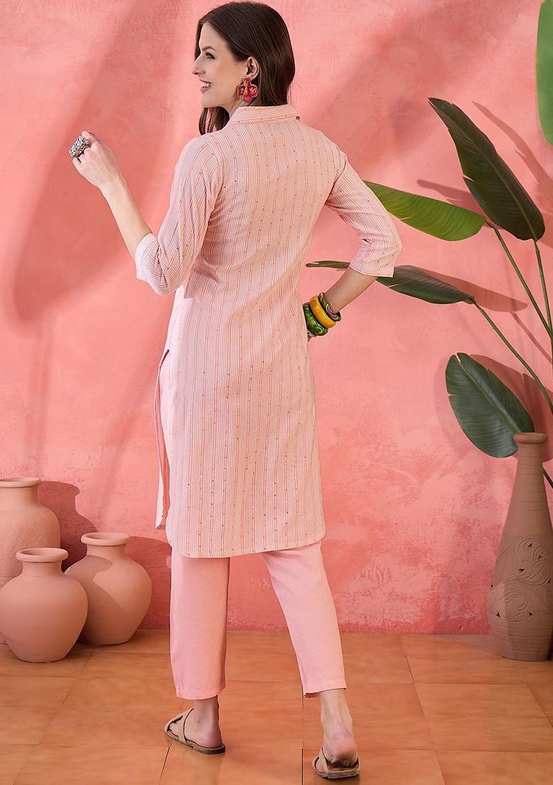 Peach Printed Blended Kurta Set - Indya