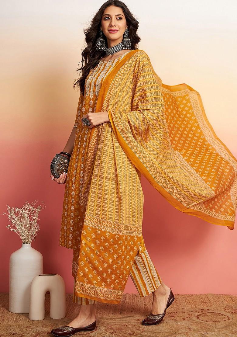 Mustard Printed Blended Kurta Set - Indya