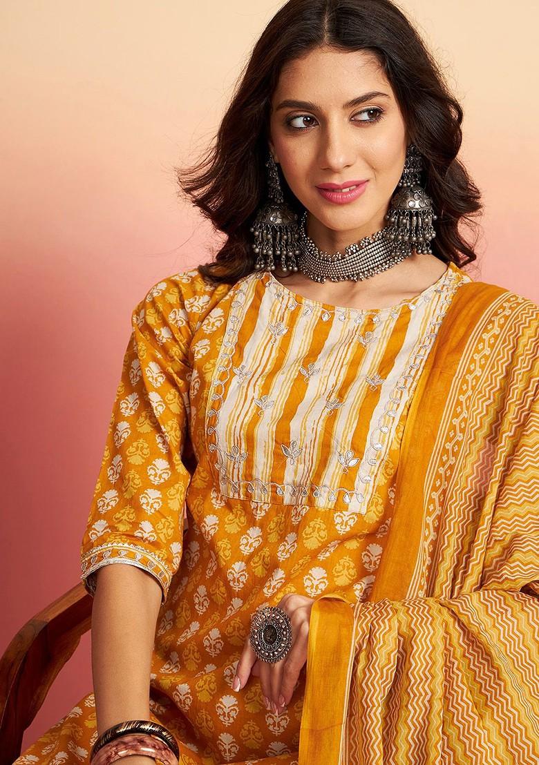Mustard Printed Blended Kurta Set - Indya