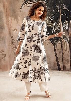 Off White Printed Blended Kurta Set