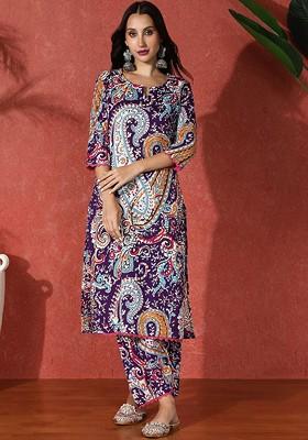 Purple Printed Blended Kurta Set