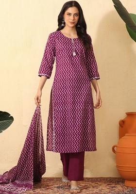 Purple Printed Blended Kurta Set