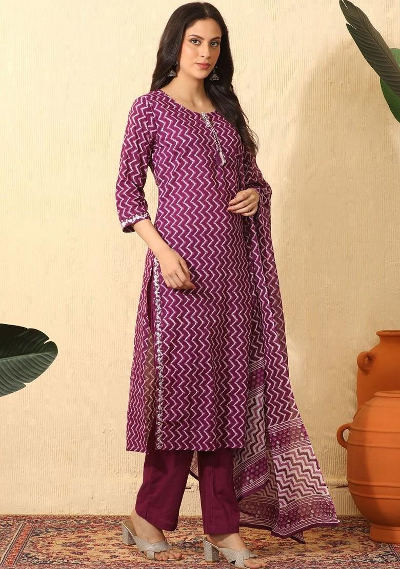 Purple Printed Blended Kurta Set - Indya