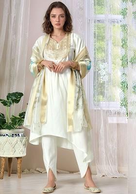 White Sequinned Blended Kurta Set