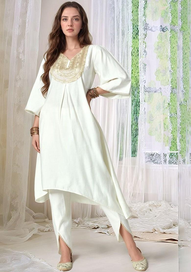 White Sequinned Blended Kurta Set - Indya