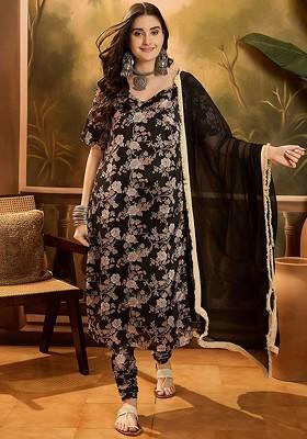 Black Printed Blended Kurta Set