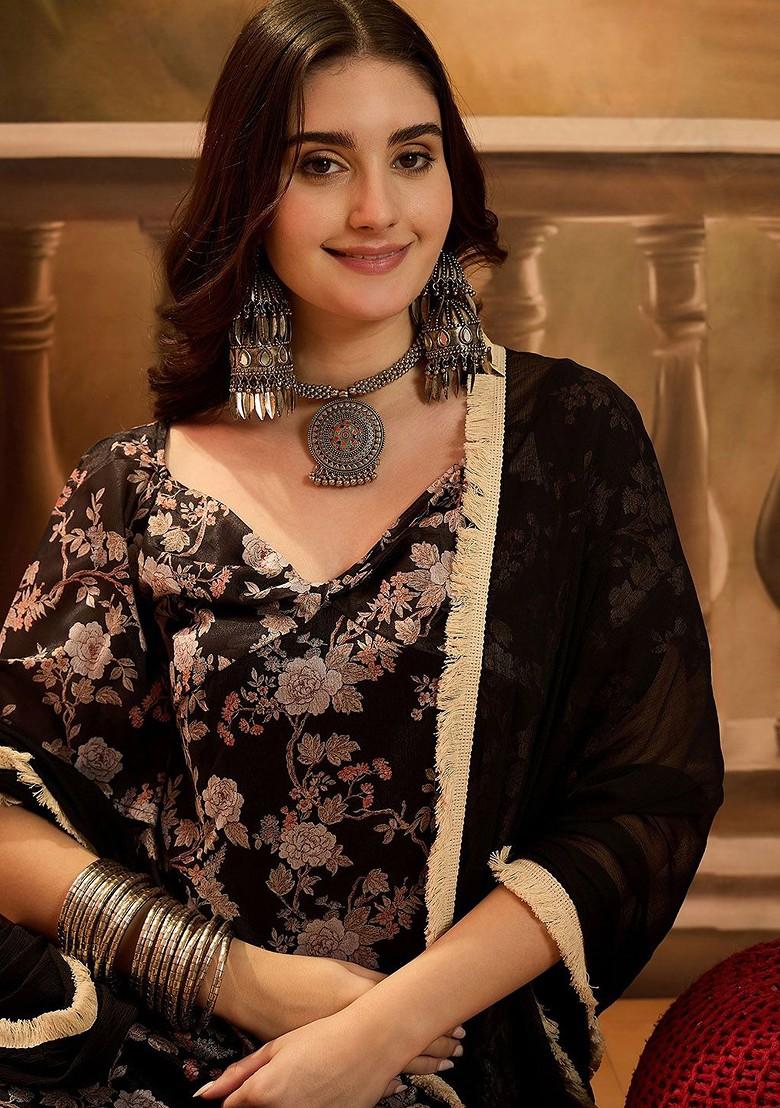 Black Printed Blended Kurta Set - Indya