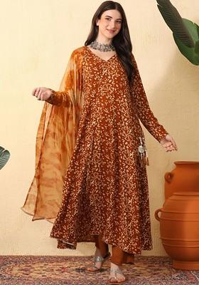 Brown Printed Blended Kurta Set