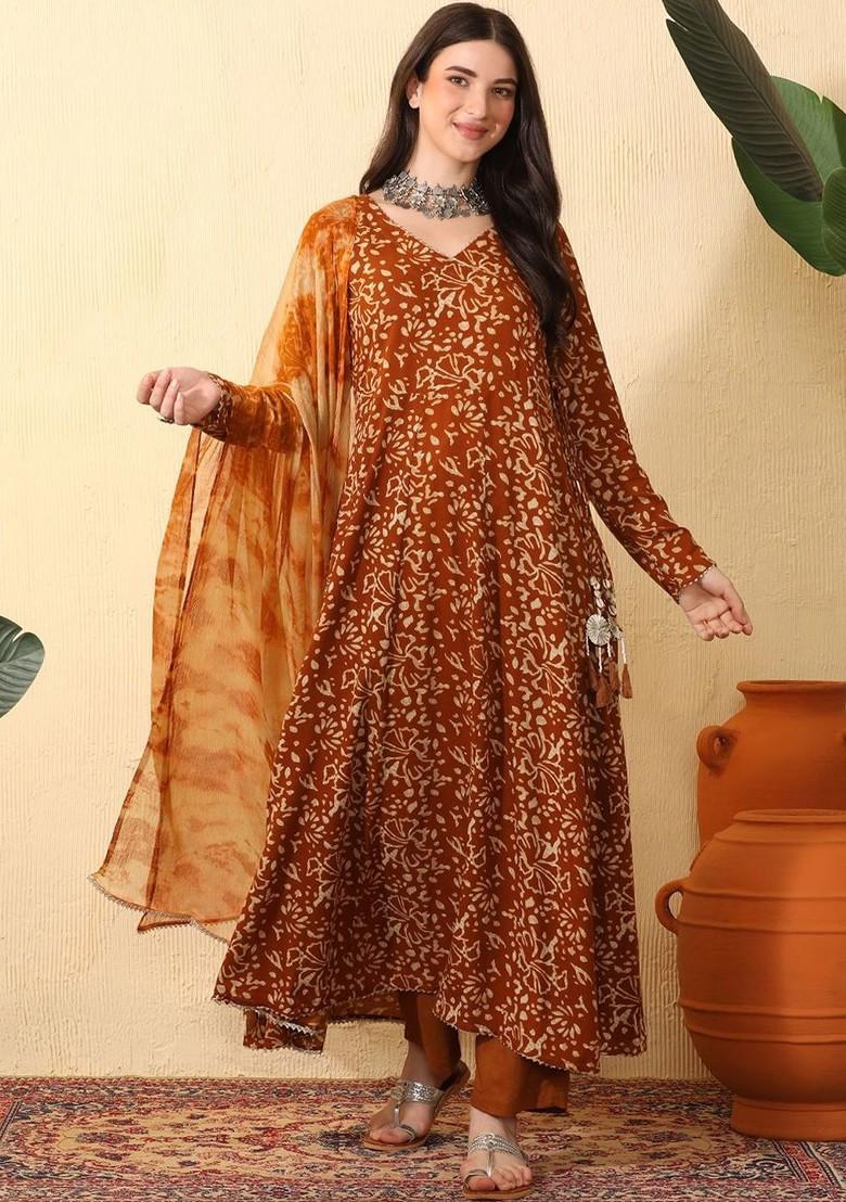 Brown Printed Blended Kurta Set - Indya