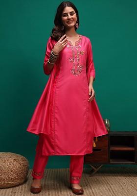 Pink Embroidered Blended Kurta Set