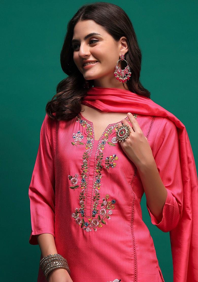 Pink Embroidered Blended Kurta Set - Indya