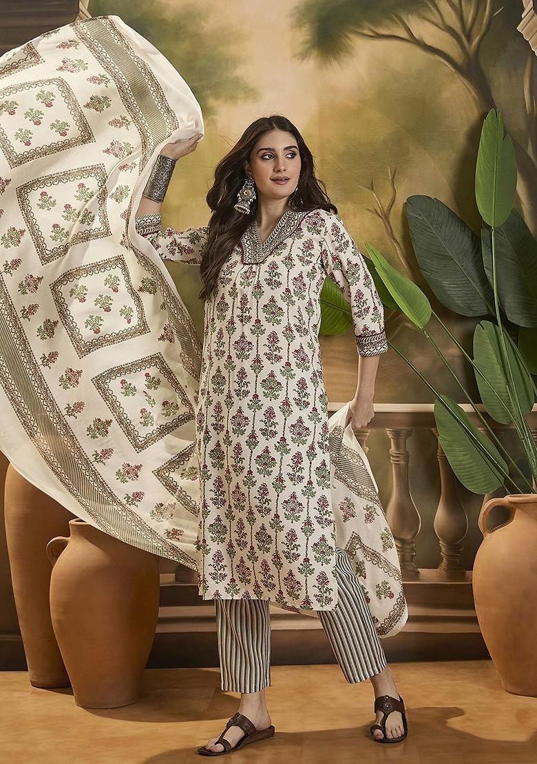 White Printed Blended Kurta Set - Indya