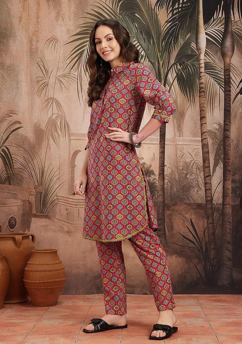 Fuchsia Printed Blended Kurta Set - Indya
