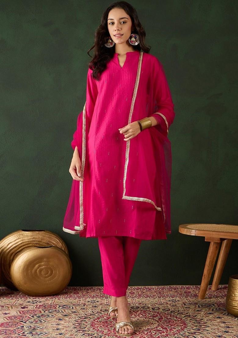 Fuchsia Solid Blended Kurta Set - Indya