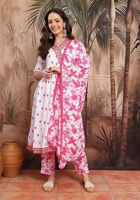 White Printed Blended Kurta Set
