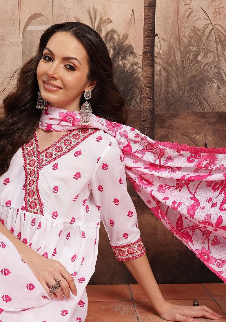 White Printed Blended Kurta Set - Indya