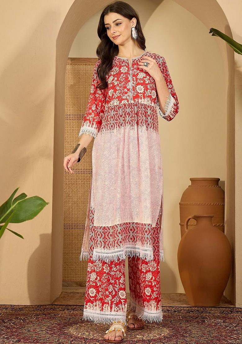 Red Printed Blended Kurta Set - Indya