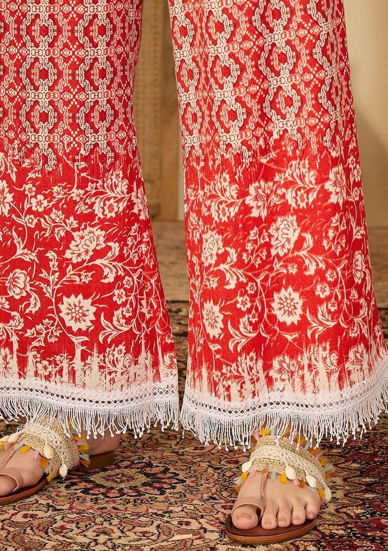 Red Printed Blended Kurta Set - Indya