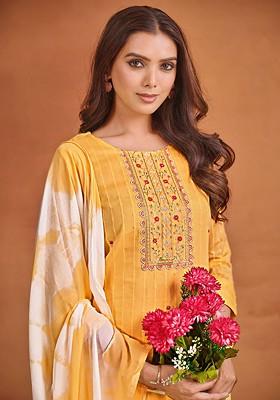 Yellow Embroidered Blended Kurta Set