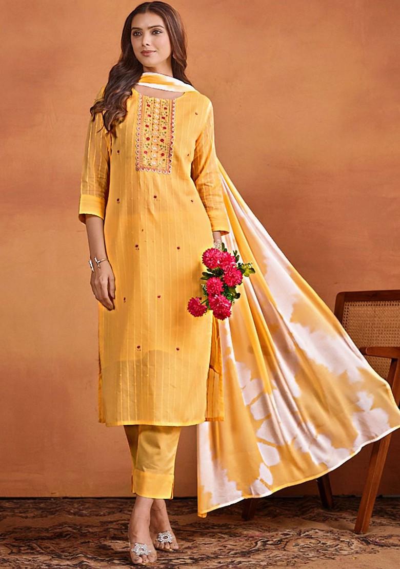 Yellow Embroidered Blended Kurta Set - Indya