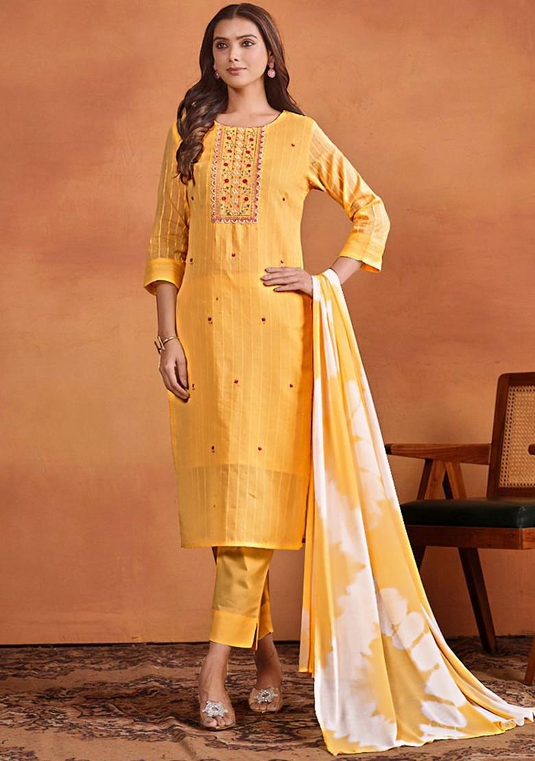 Yellow Embroidered Blended Kurta Set - Indya